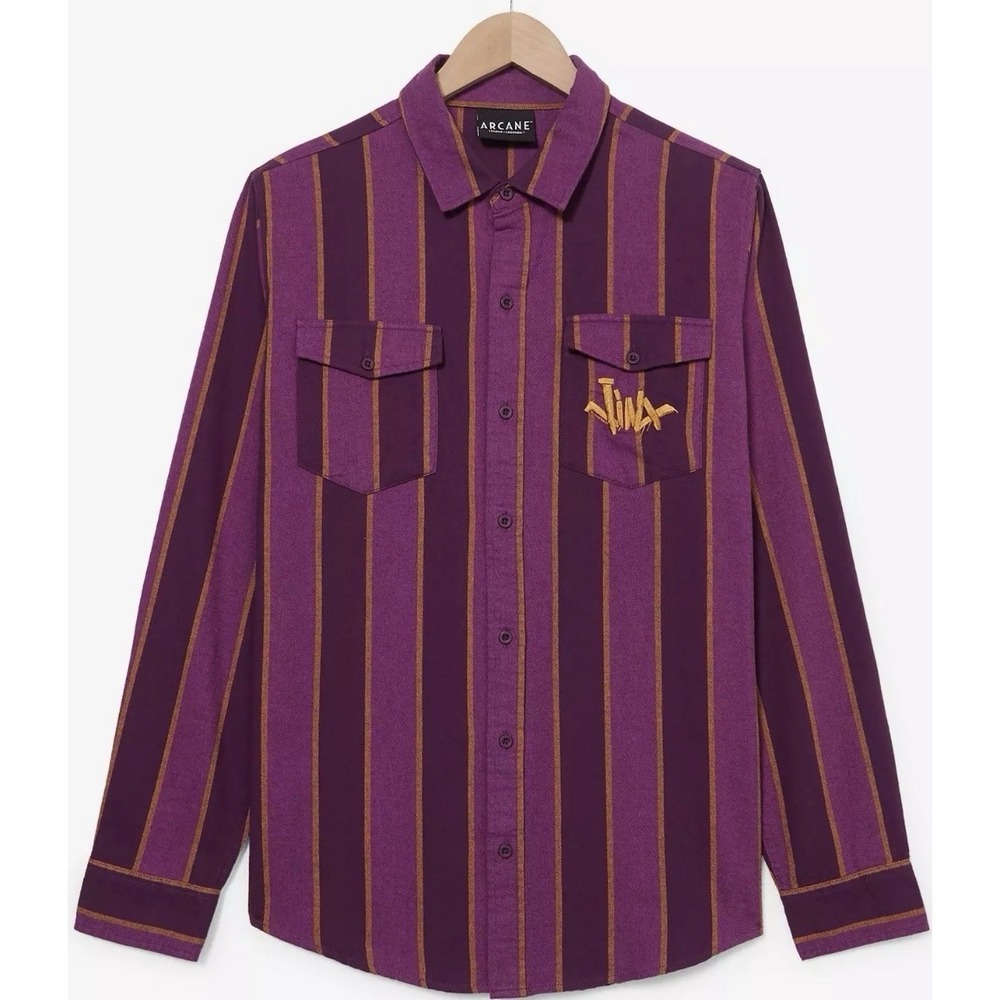 Arcane Jinx Wanted Poster Striped Flannel Shirt Men SZ M BoxLunch Riot Games NWT